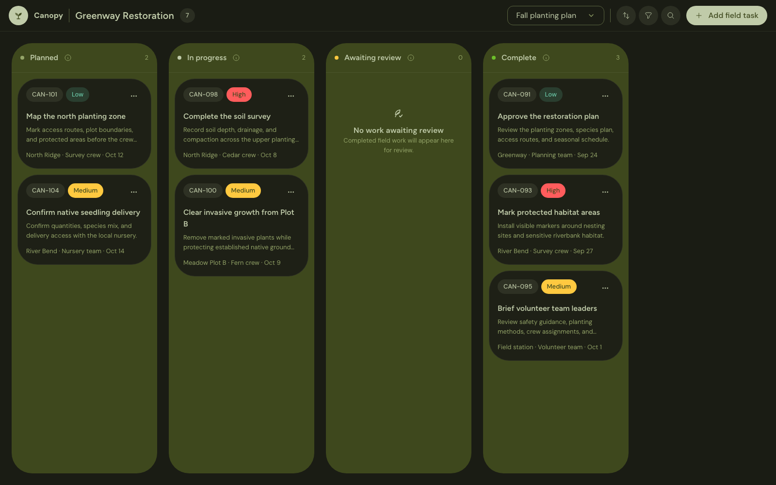 The Kanban template adapted for Canopy The Astryx Kanban template adapted into Canopy, a habitat-restoration planning application