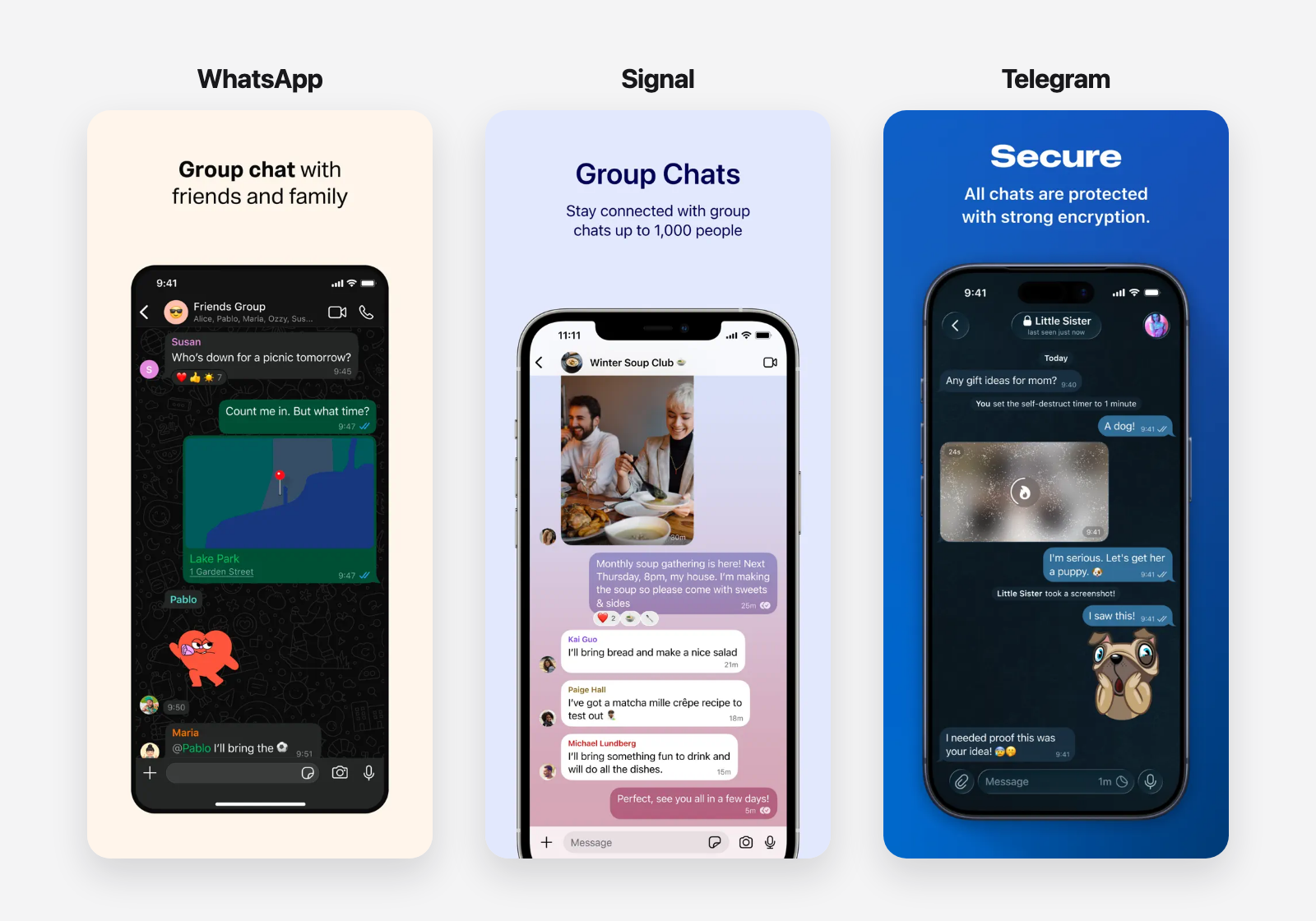 WhatsApp, Signal, and Telegram use familiar messaging patterns Mobile conversation screens from WhatsApp, Signal, and Telegram shown side by side